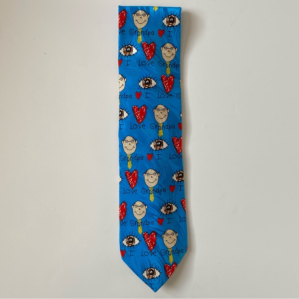 Grandpa Tie Blue Mens Father's Day I Love Necktie Neck Tie Grandfather Cartoon